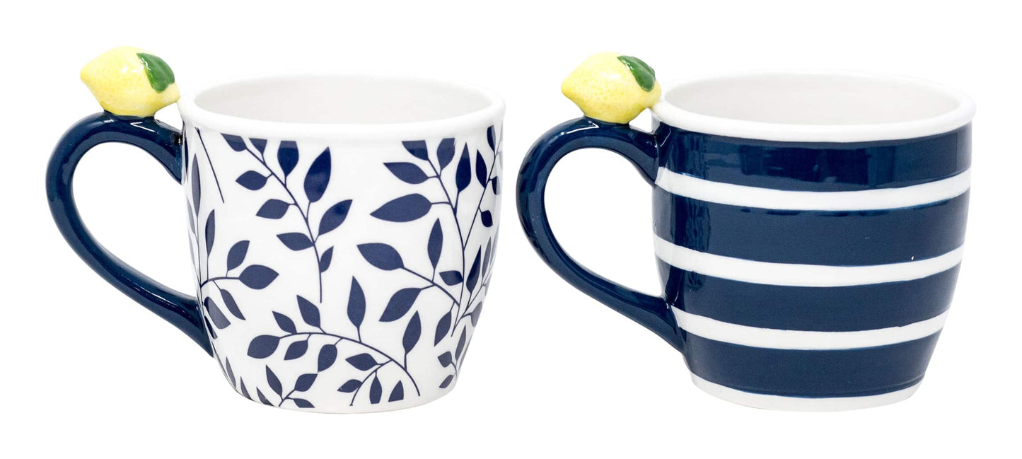 Leaf Pattern & Striped - 18 Oz Ceramic Mug Set of 2 (Blue & White with Lemon)