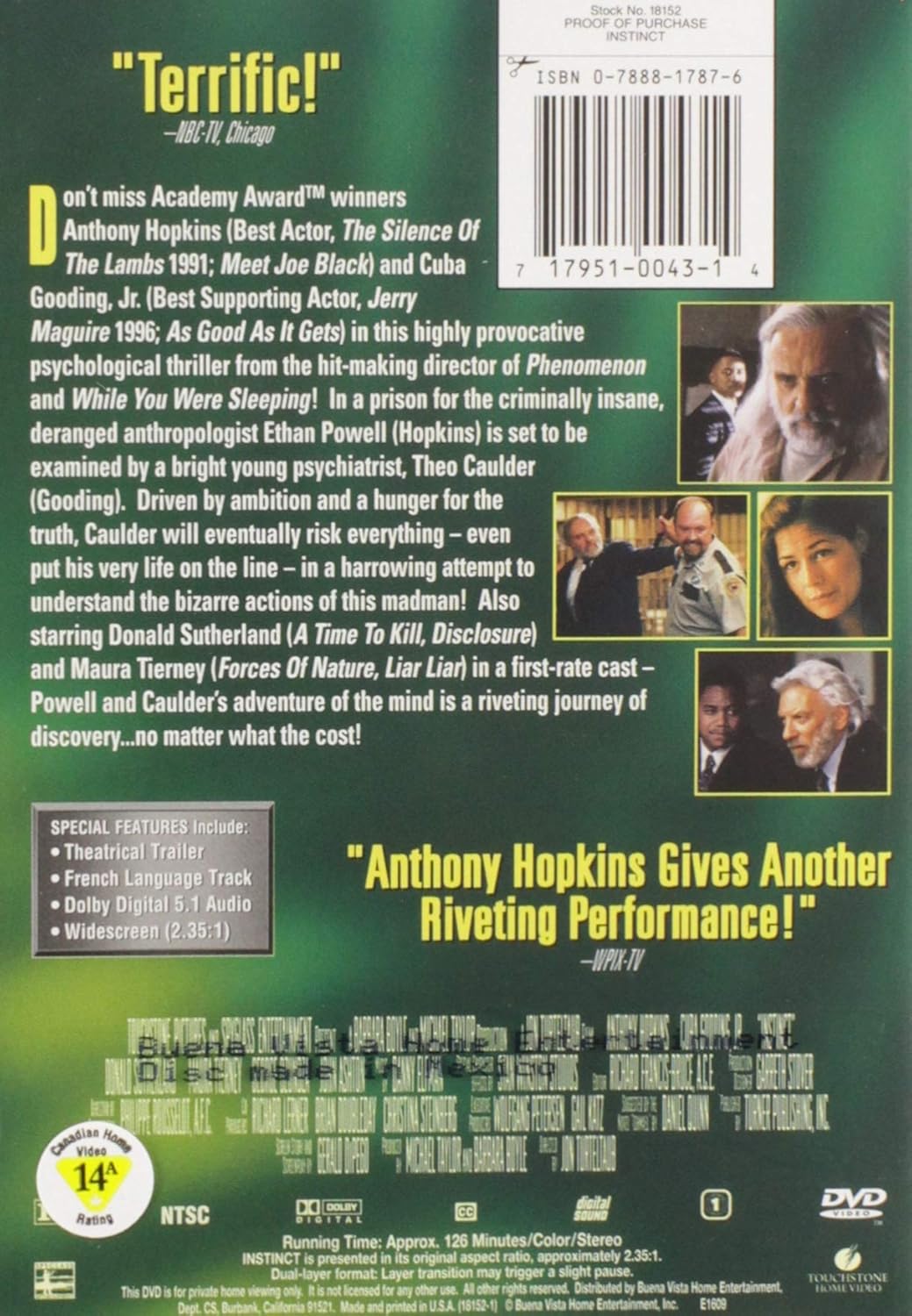 Instinct (1999) – DVD Starring: Anthony Hopkins, Cuba Gooding Jr., Donald Sutherland, Maura Tierney, George Dzundza