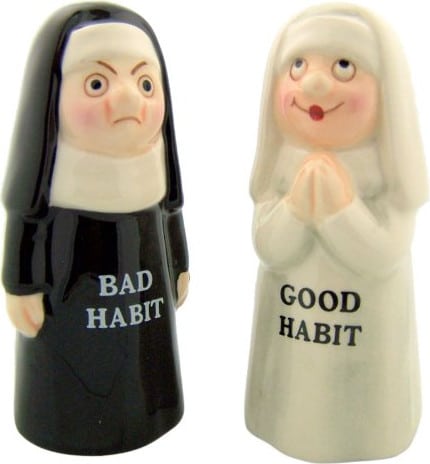 Nun - Good Habits & Bad Habits - Magnetized Ceramic Salt & Pepper Shakers