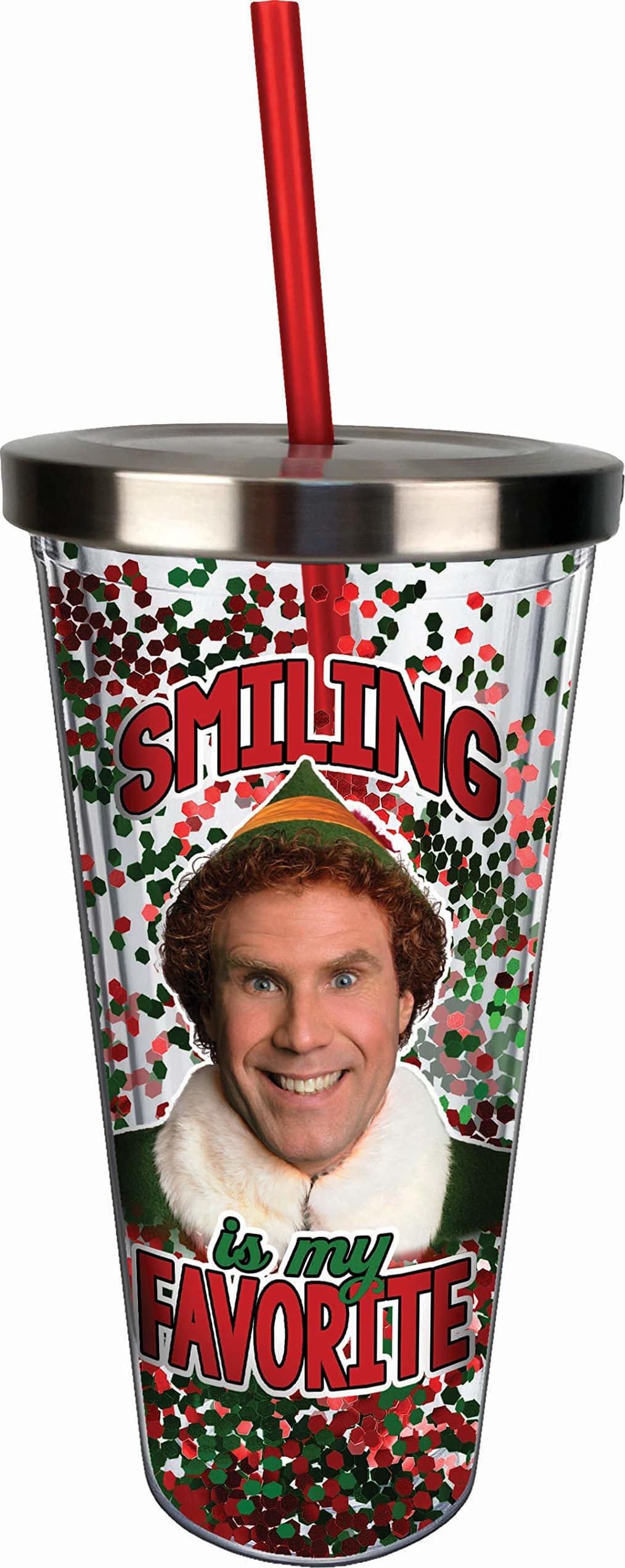 Elf - Smiling is My Favorite - 20 oz. Glitter Acrylic Cup with Straw