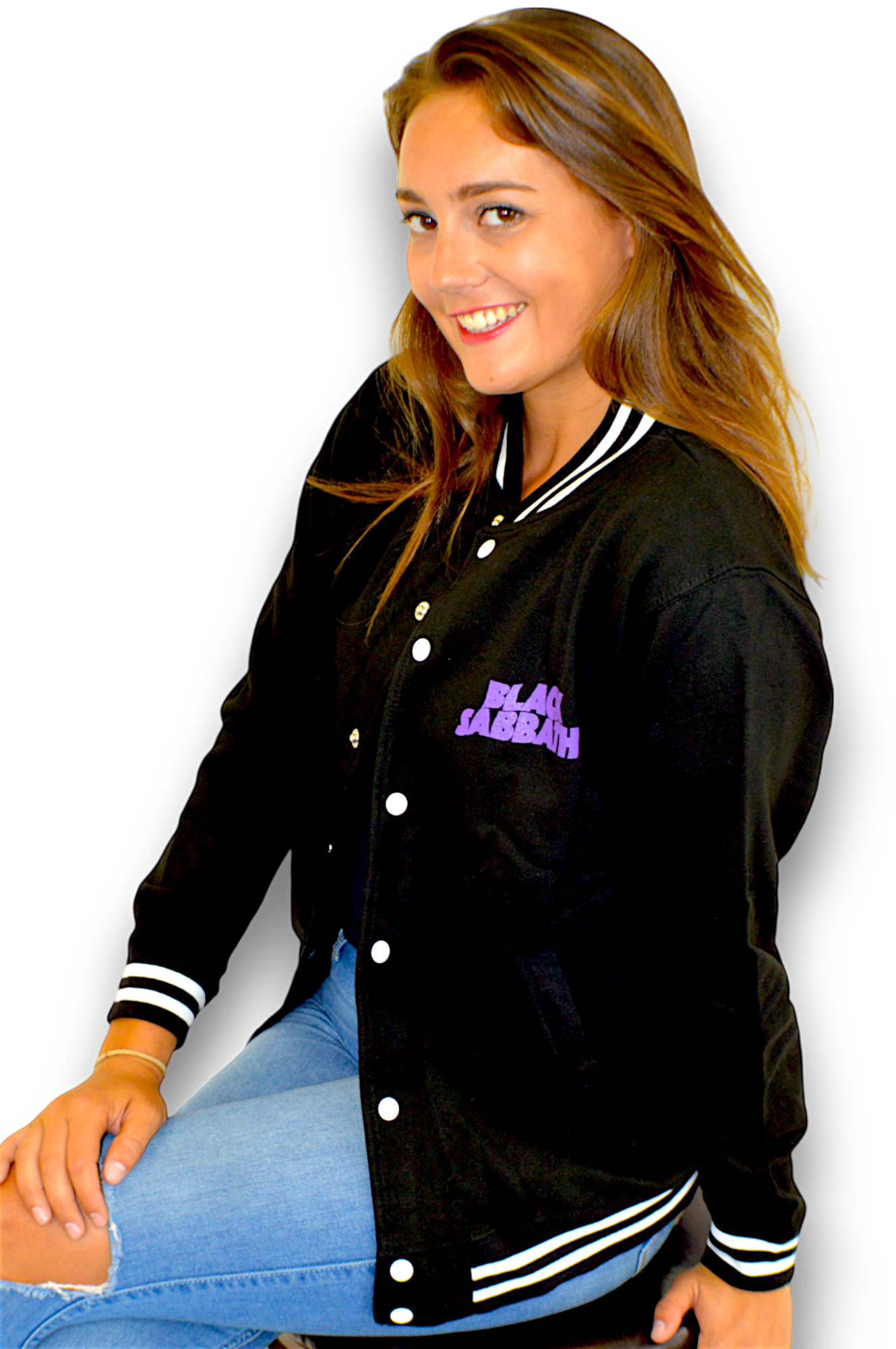 Black Sabbath Wavey Logo - Varsity Sweatshirt Jacket - Black, Purple & White - Imported Rock Off UK