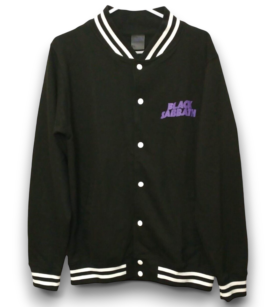 Black Sabbath Wavey Logo - Varsity Sweatshirt Jacket - Black, Purple & White - Imported Rock Off UK