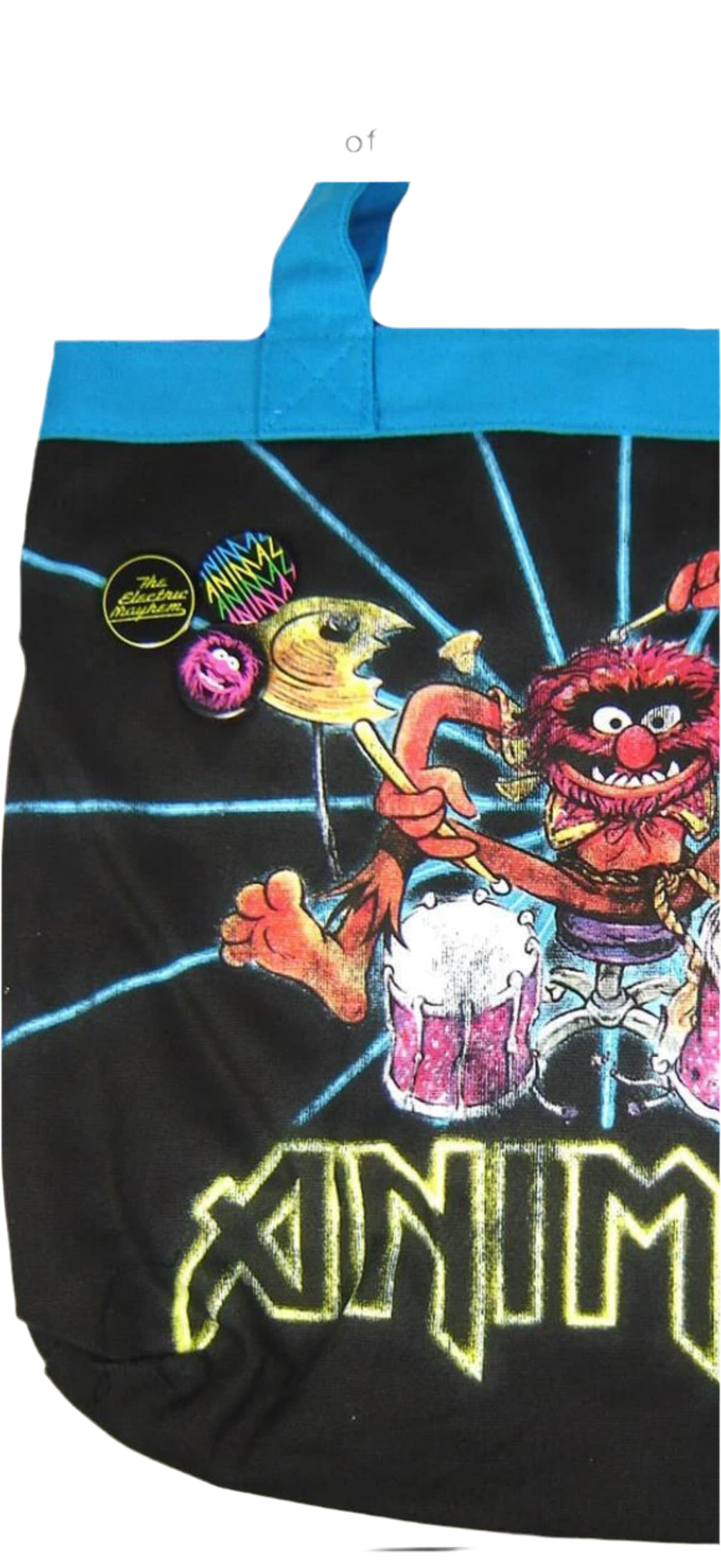 Muppets Animal Tote Bag Playing Drums Black Canvas with Blue Handles + 3 Buttons