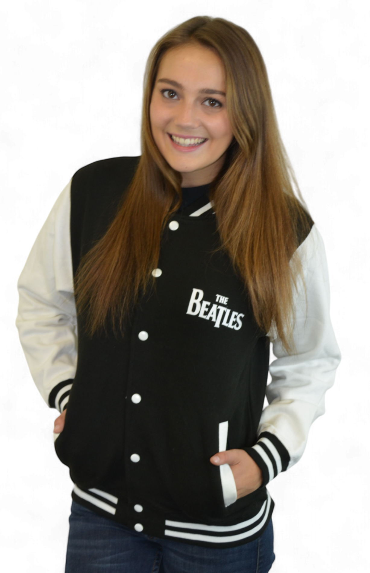 The Beatles - Black & White Varsity Drop T Sweatshirt Jacket Imported Rock Off UK