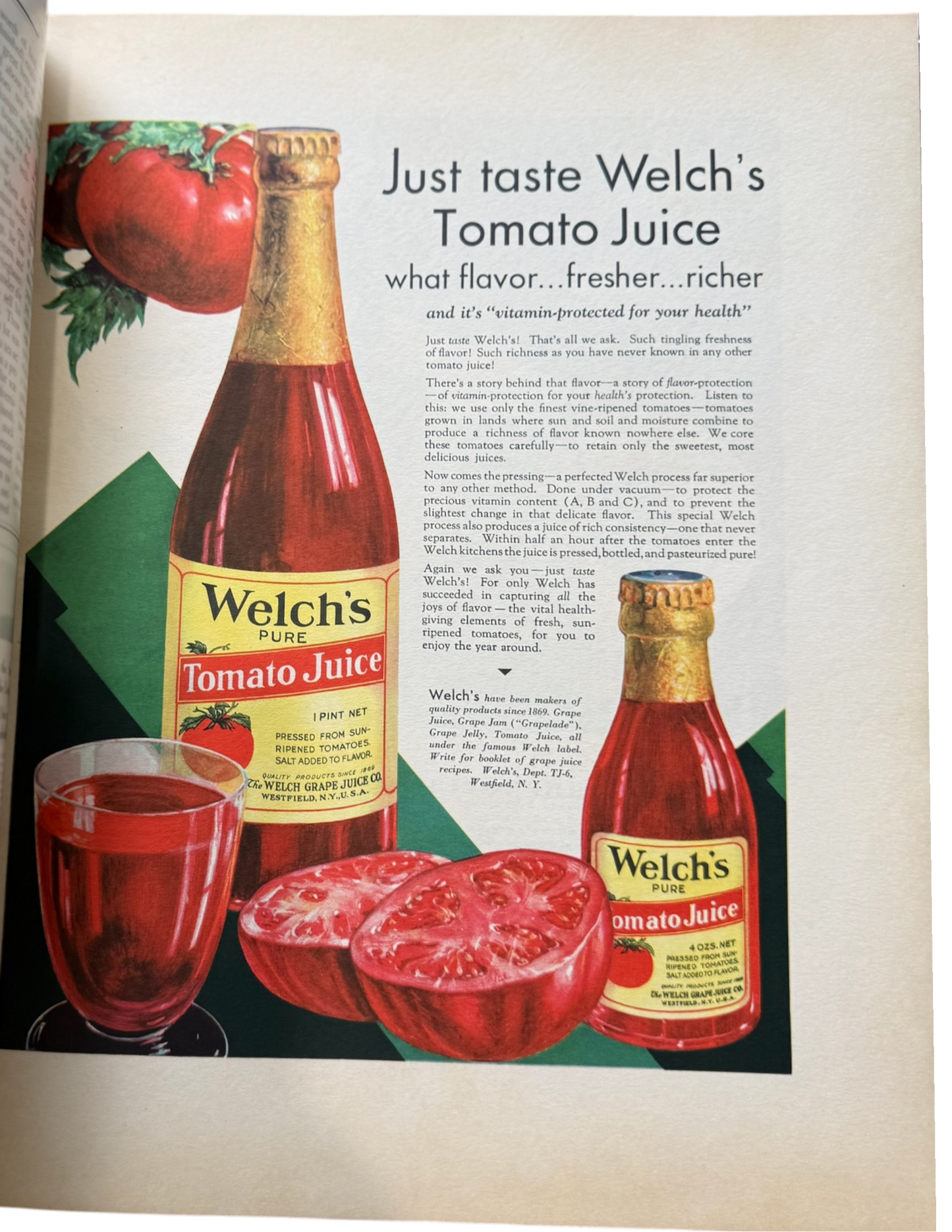 Vintage advertisement for Welch's Tomato Juice with bottles, glass, and tomatoes.