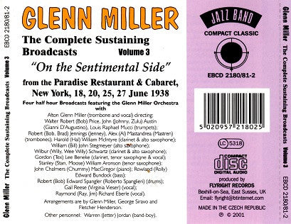 Glenn Miller – Complete Sustaining Broadcasts: Vol. 3 On The Sentimental Side-UK Import CD