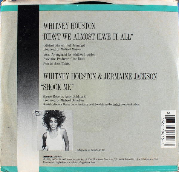 Whitney Houston - Didn't We Almost Have It All / Shock Me (Jermaine Jackson) 7" Single (New)