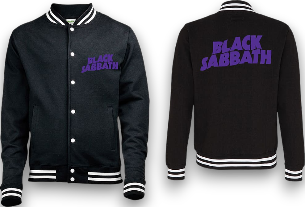 Black Sabbath Wavey Logo - Varsity Sweatshirt Jacket - Black, Purple & White - Imported Rock Off UK