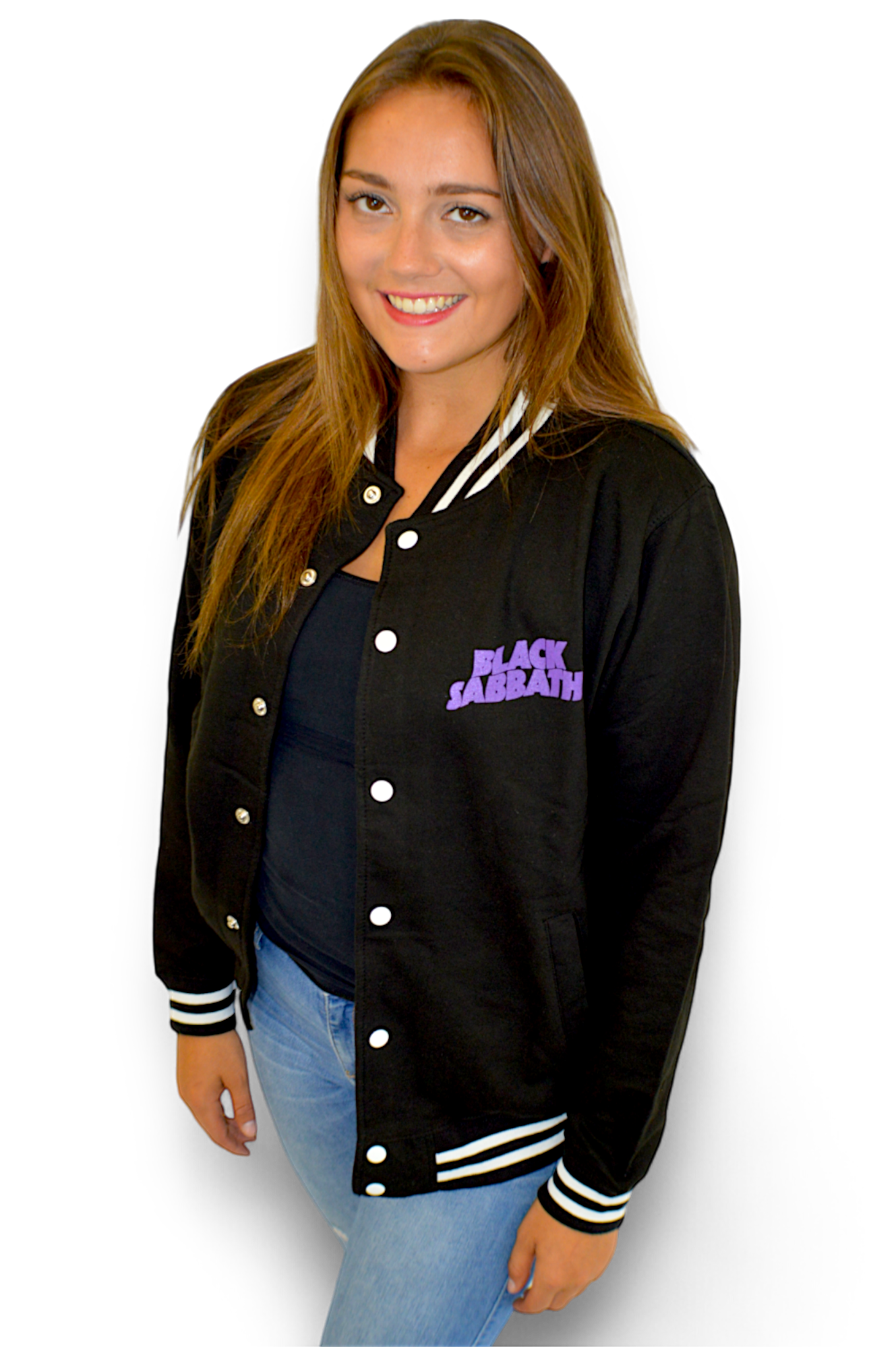 Black Sabbath Wavey Logo - Varsity Sweatshirt Jacket - Black, Purple & White - Imported Rock Off UK