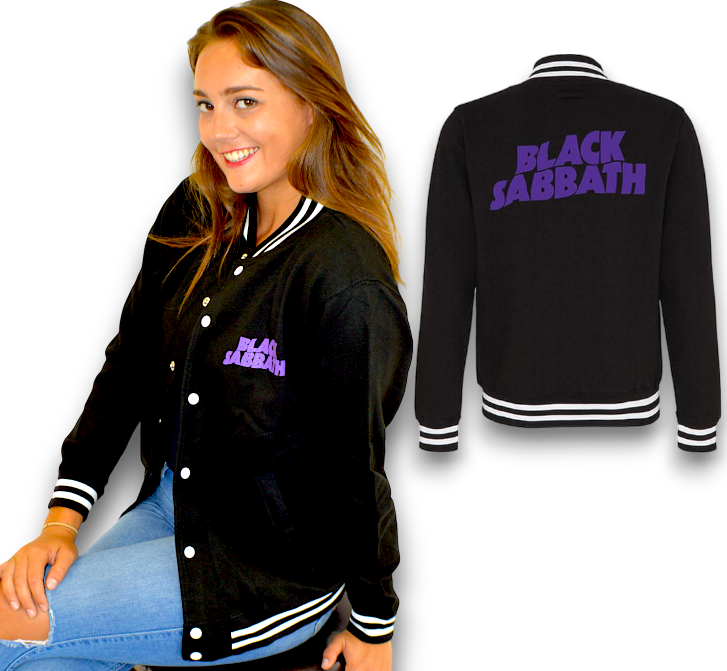 Black Sabbath Wavey Logo - Varsity Sweatshirt Jacket - Black, Purple & White - Imported Rock Off UK