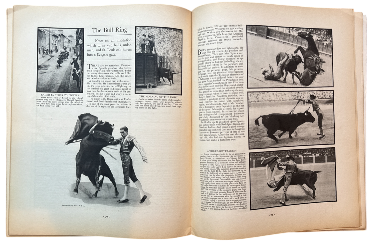 Open book with black and white photographs and text on a bullfighting theme.