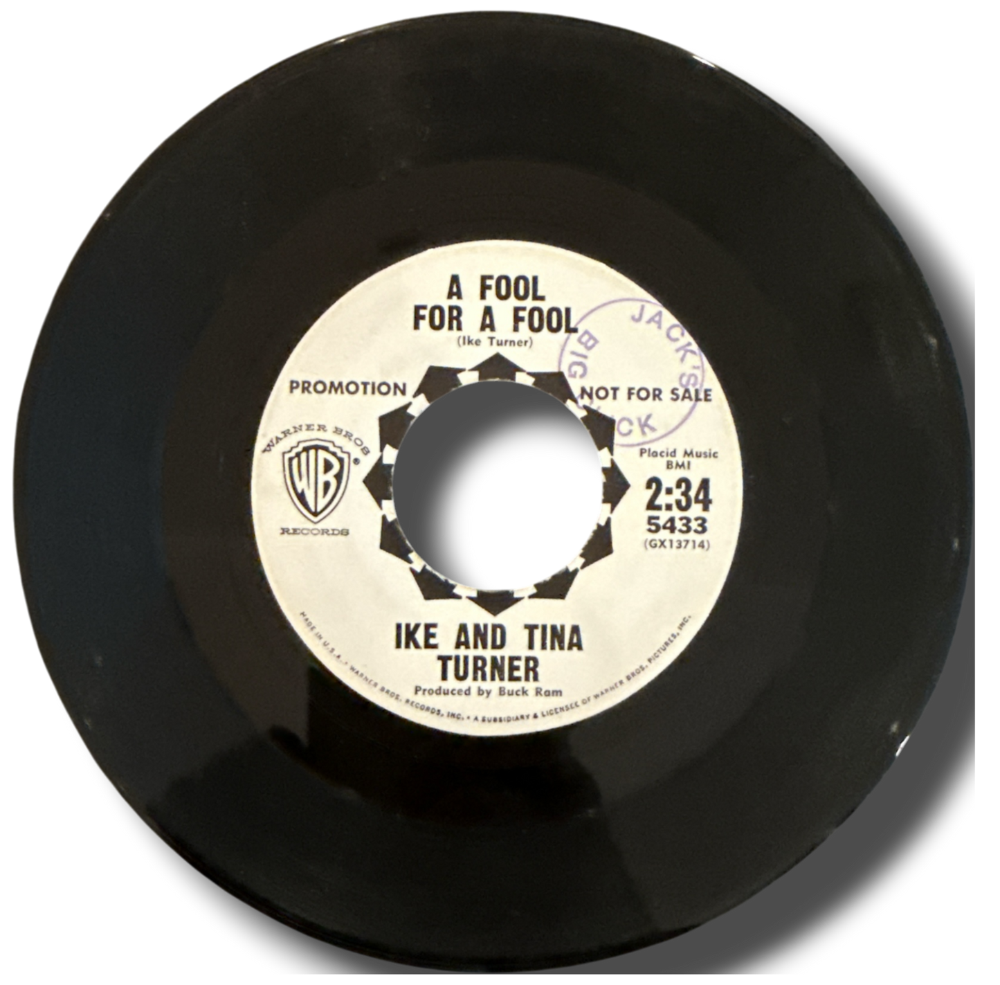 Record with label 'A Fool for a Fool' by Ike and Tina Turner on a white background