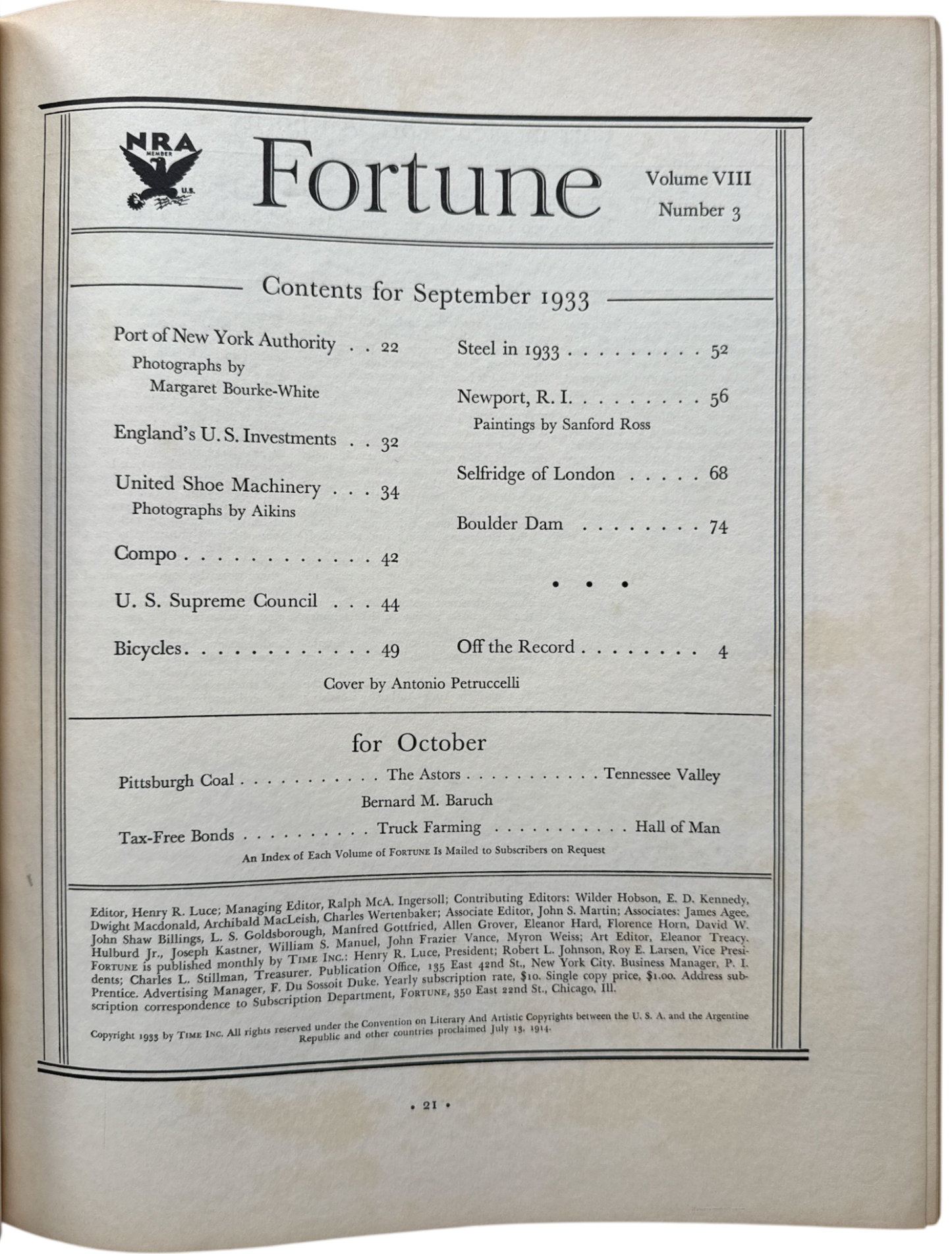 Fortune Magazine – September 1933 – Vol.III No.3 Cover – Near Mint