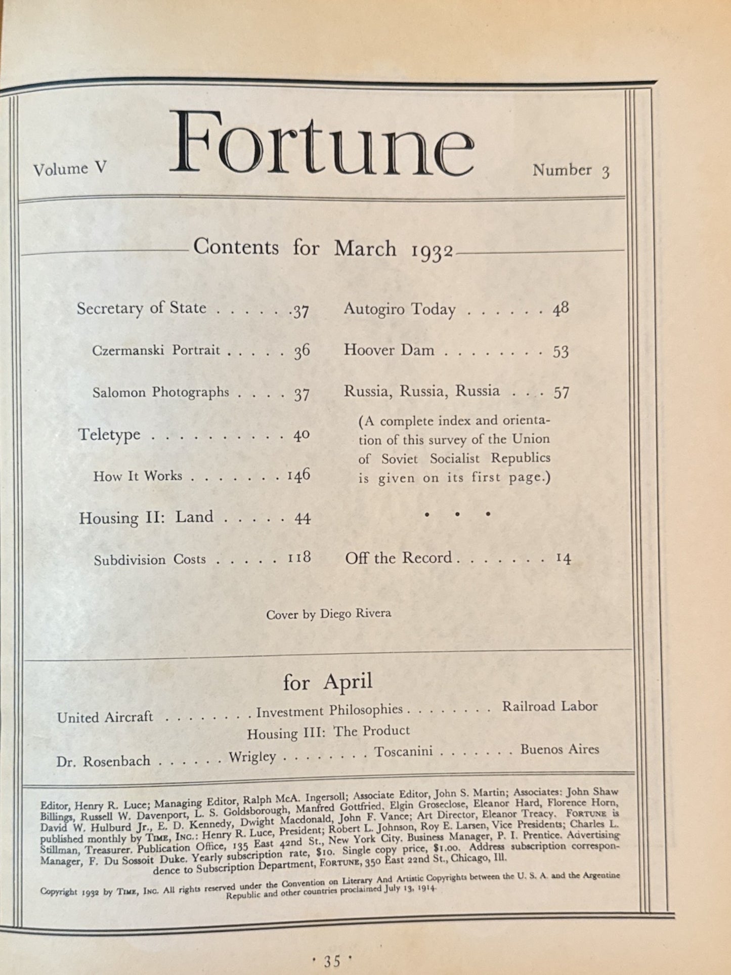 Fortune Magazine – March 1932 – Vol. 5 No. 3 – Diego Rivera Cover – Near Mint