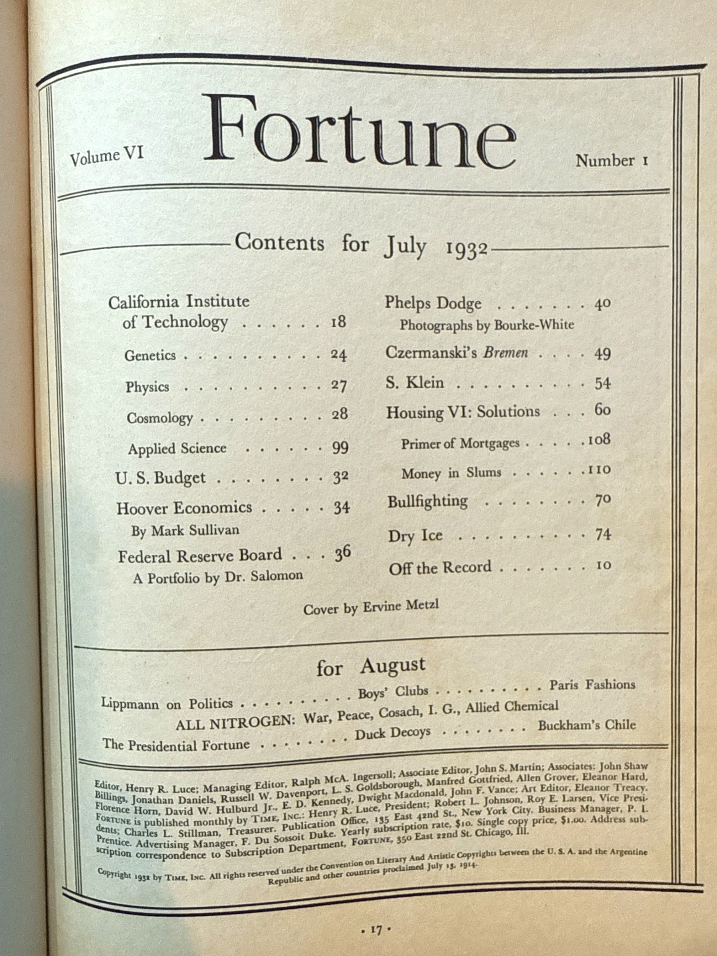Fortune Magazine – July 1932 – Vol. 6 No. 1 – Ervine Metzl Cover – Near Mint