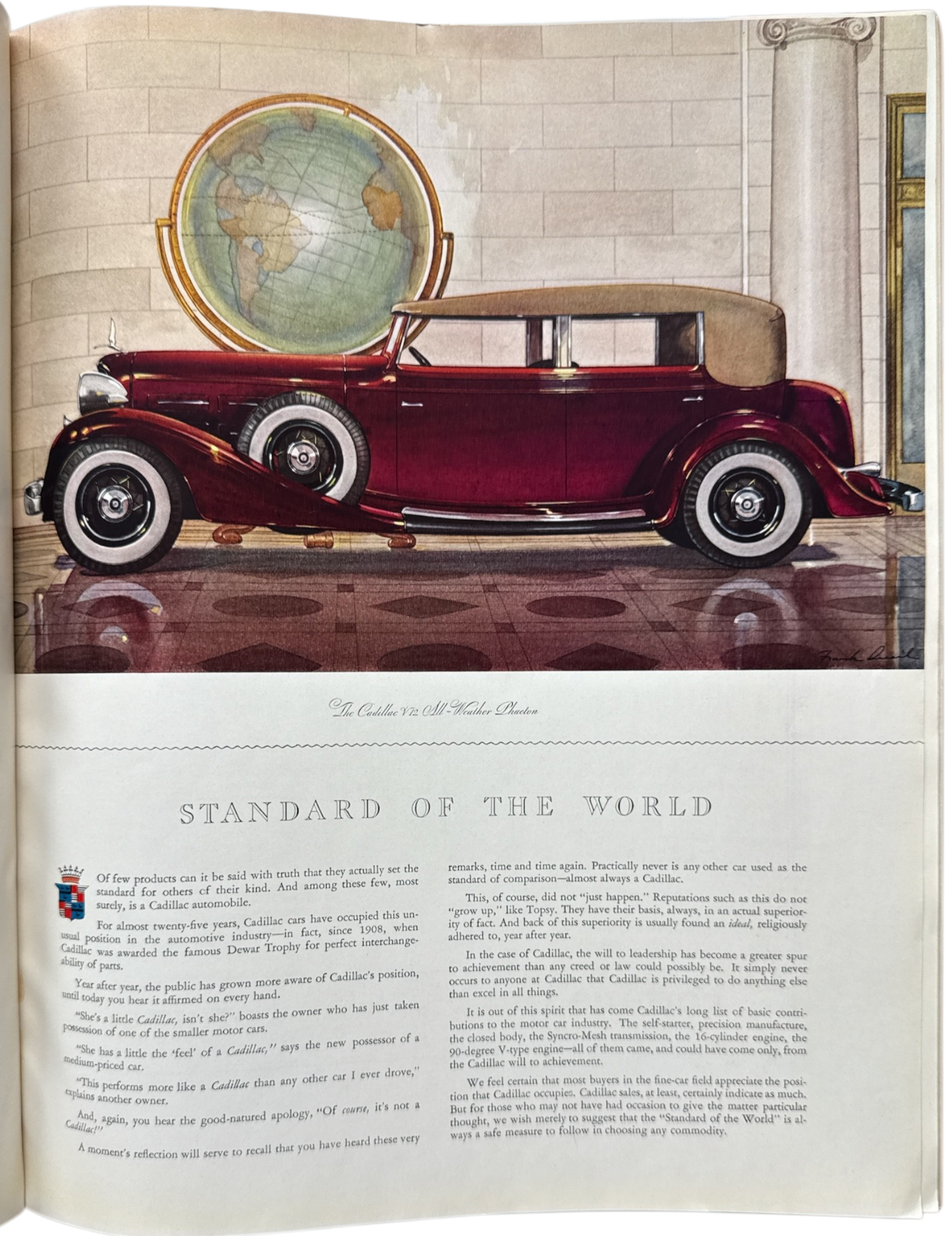 Vintage car and globe on a table with classical architecture in the background