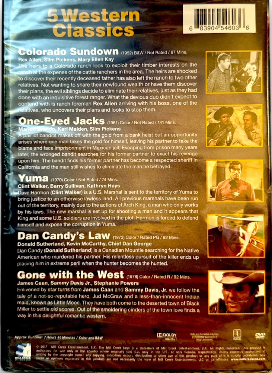 5 Movies - Action Adventures (Colorado Sundown / One Eyed Jacks / Yuma / Dan Candy's Law / Gone with the West)