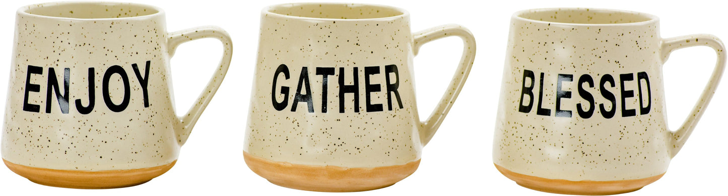 Enjoy, Gather & Blessed - Cream Stoneware 18 Oz. Mug Set of 3