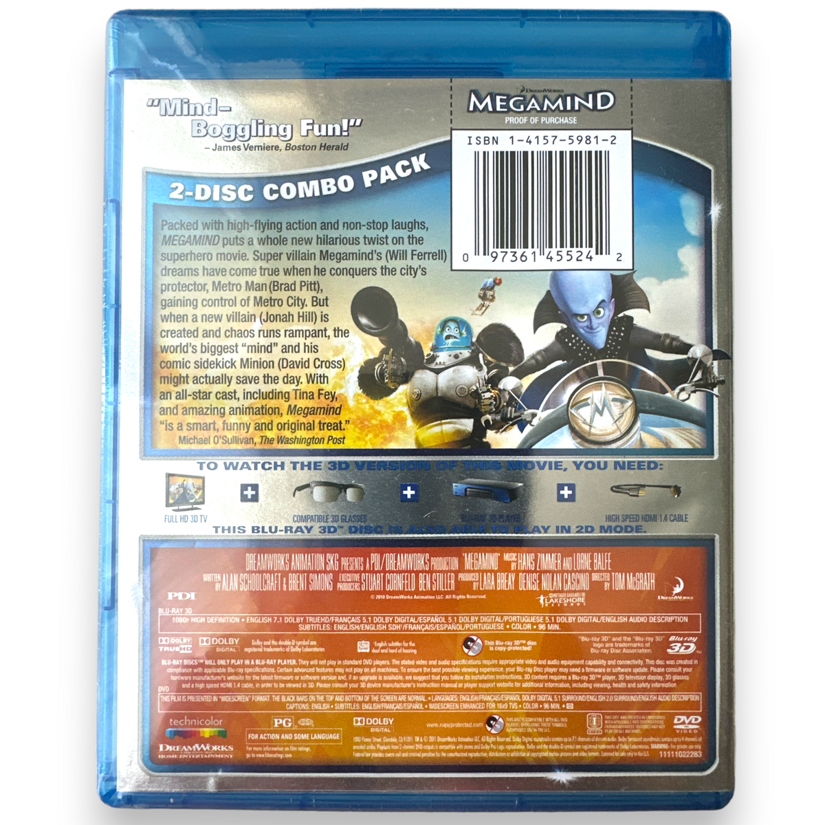 Megamind 3D Movie [Blu-ray] Staring: Will Ferrell, Tina Fey, Jonah Hill, David Cross, Brad Pitt