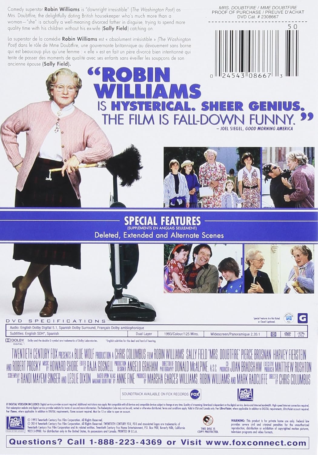 Mrs. Doubtfire Movie On DVD - Special Features Widescreen Family Entertainment
