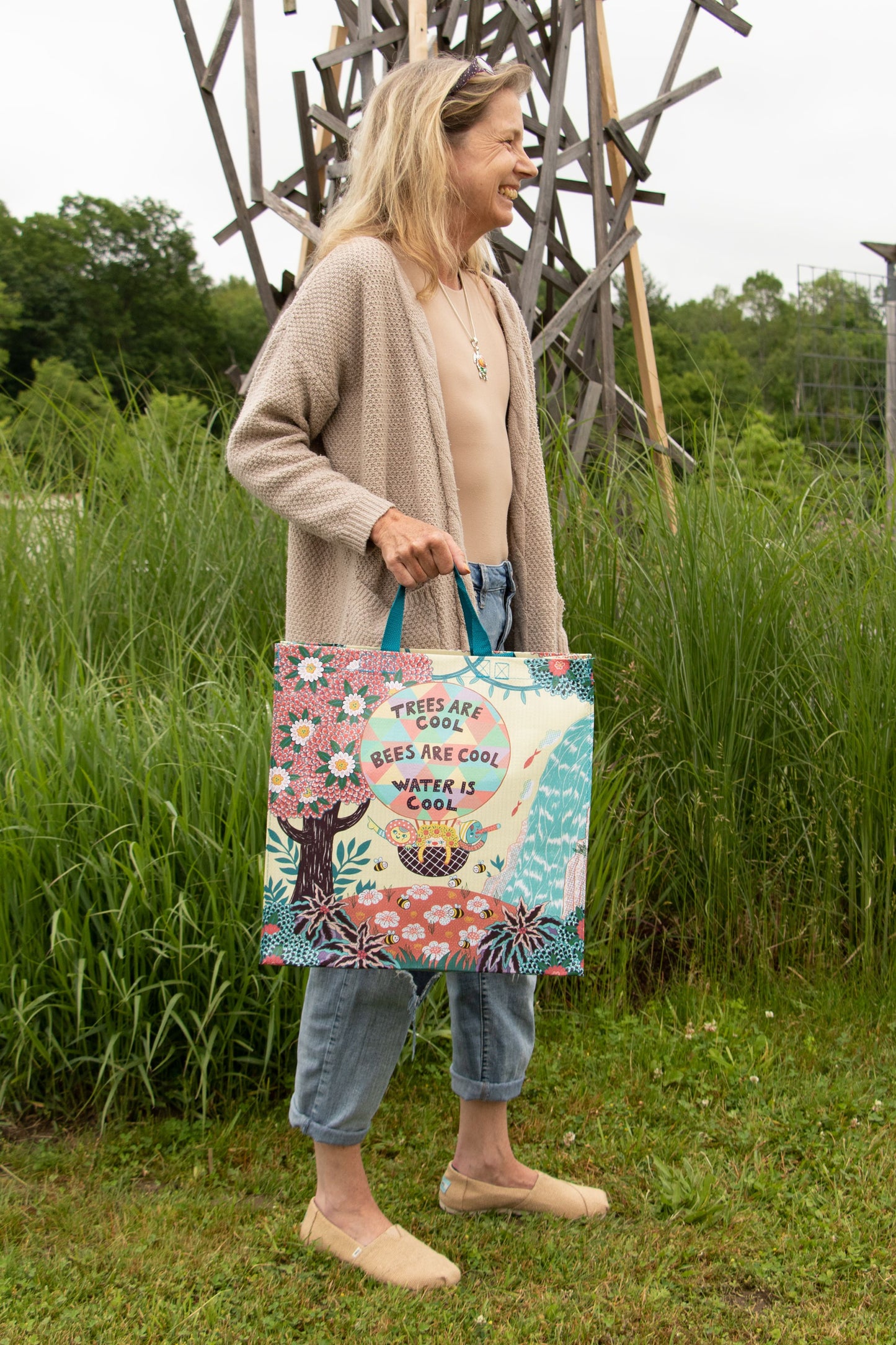 Trees, Bees & Water are Cool - Shopper Tote - 15"h x 16"w x 6"d - Made From 95% Post Consumer Material