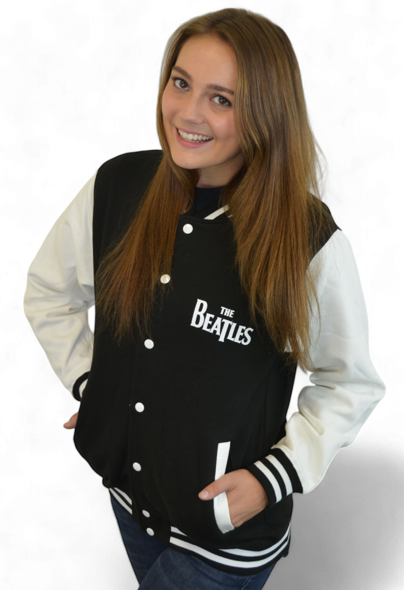 The Beatles - Black & White Varsity Drop T Sweatshirt Jacket Imported Rock Off UK