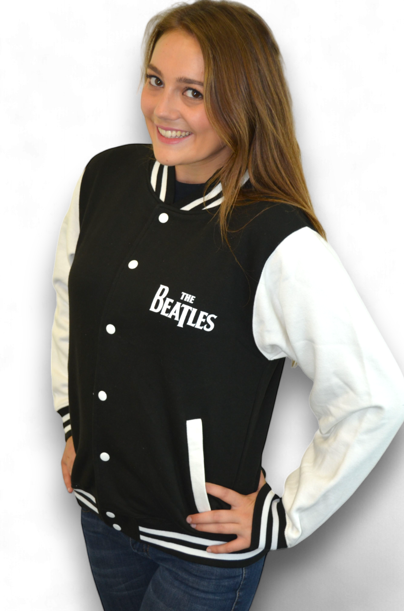 The Beatles - Black & White Varsity Drop T Sweatshirt Jacket Imported Rock Off UK
