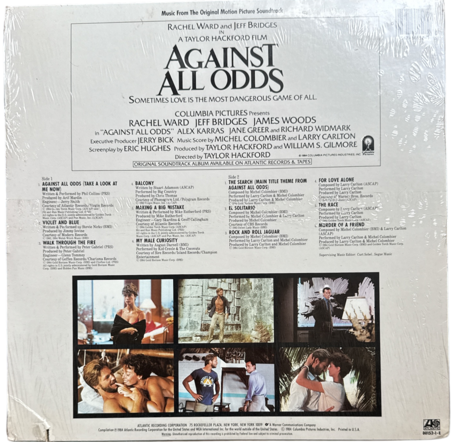 Back cover of a movie soundtrack album titled 'Against All Odds' with images and text.