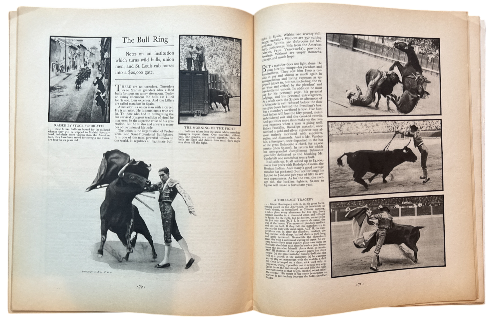 Open book with black and white photographs and text on a bullfighting theme.