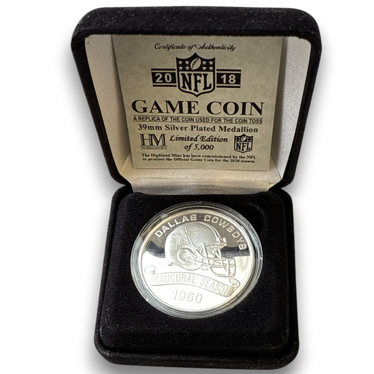 NFL Dallas Cowboys Inaugural Season Sterling Silver Plated Game Coin Licensed Highland Mint