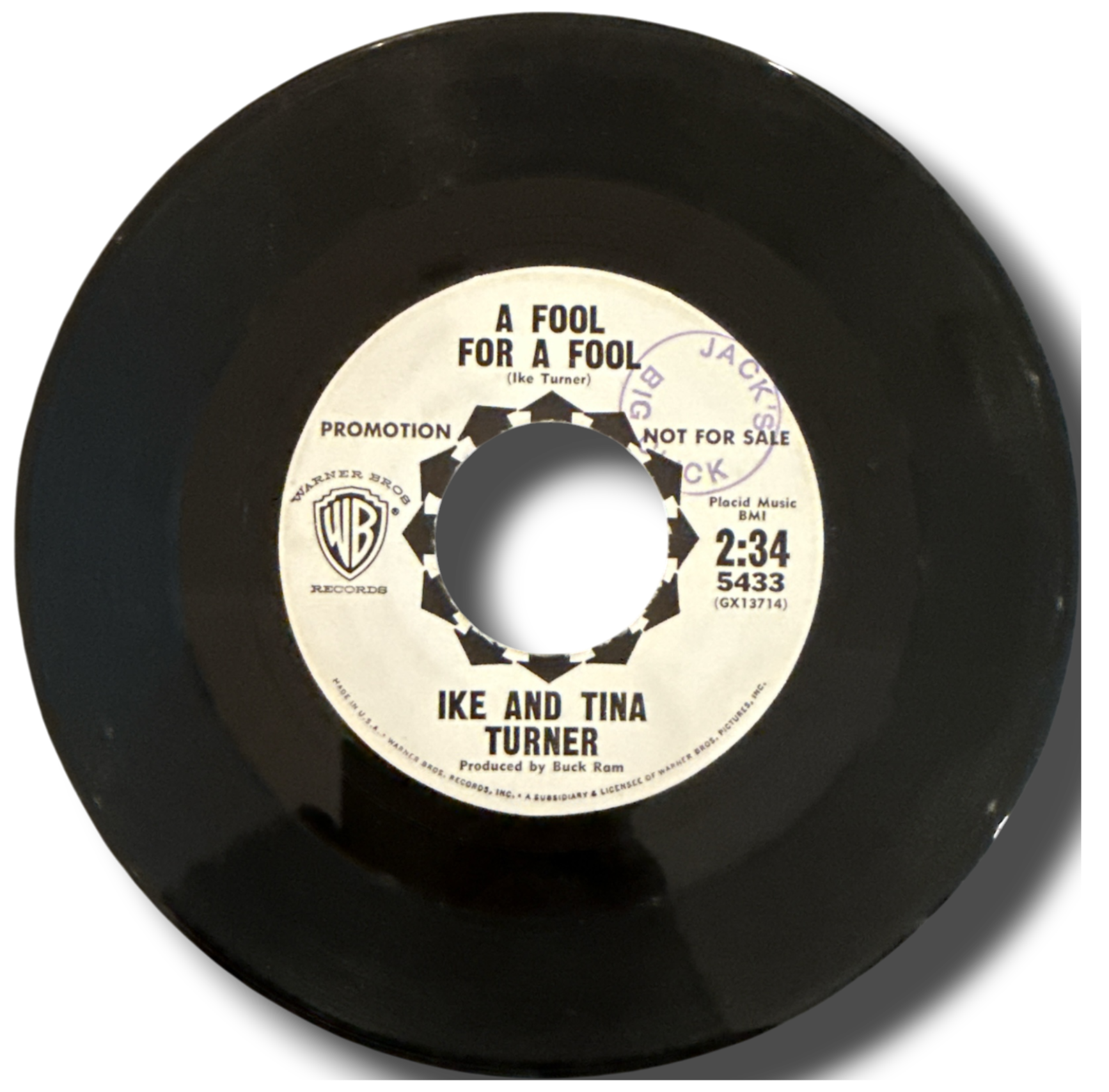 Record with label 'A Fool for a Fool' by Ike and Tina Turner on a white background