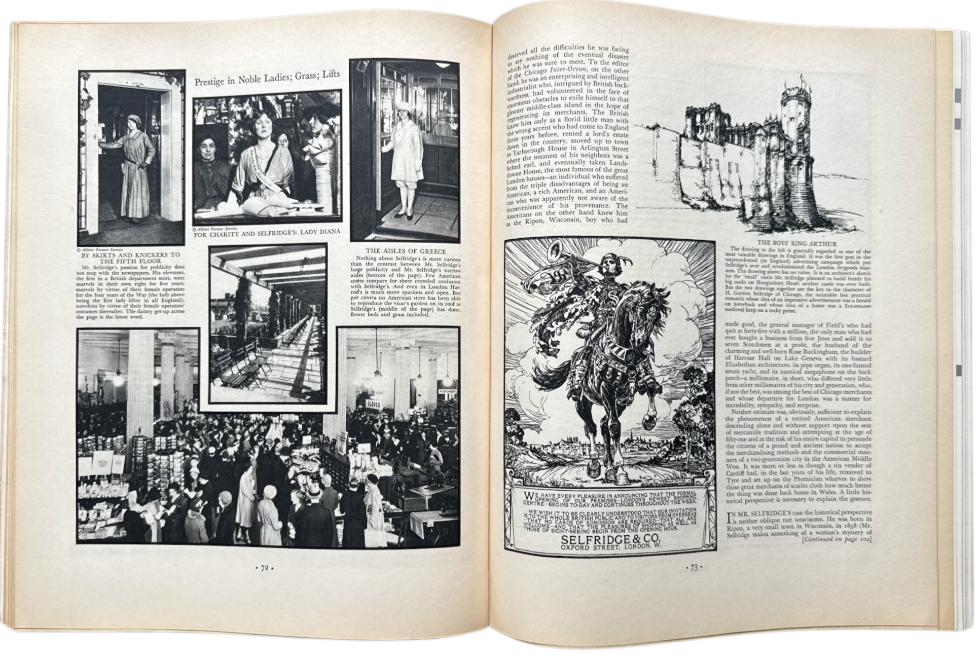 Open book with black and white illustrations and text on a white background