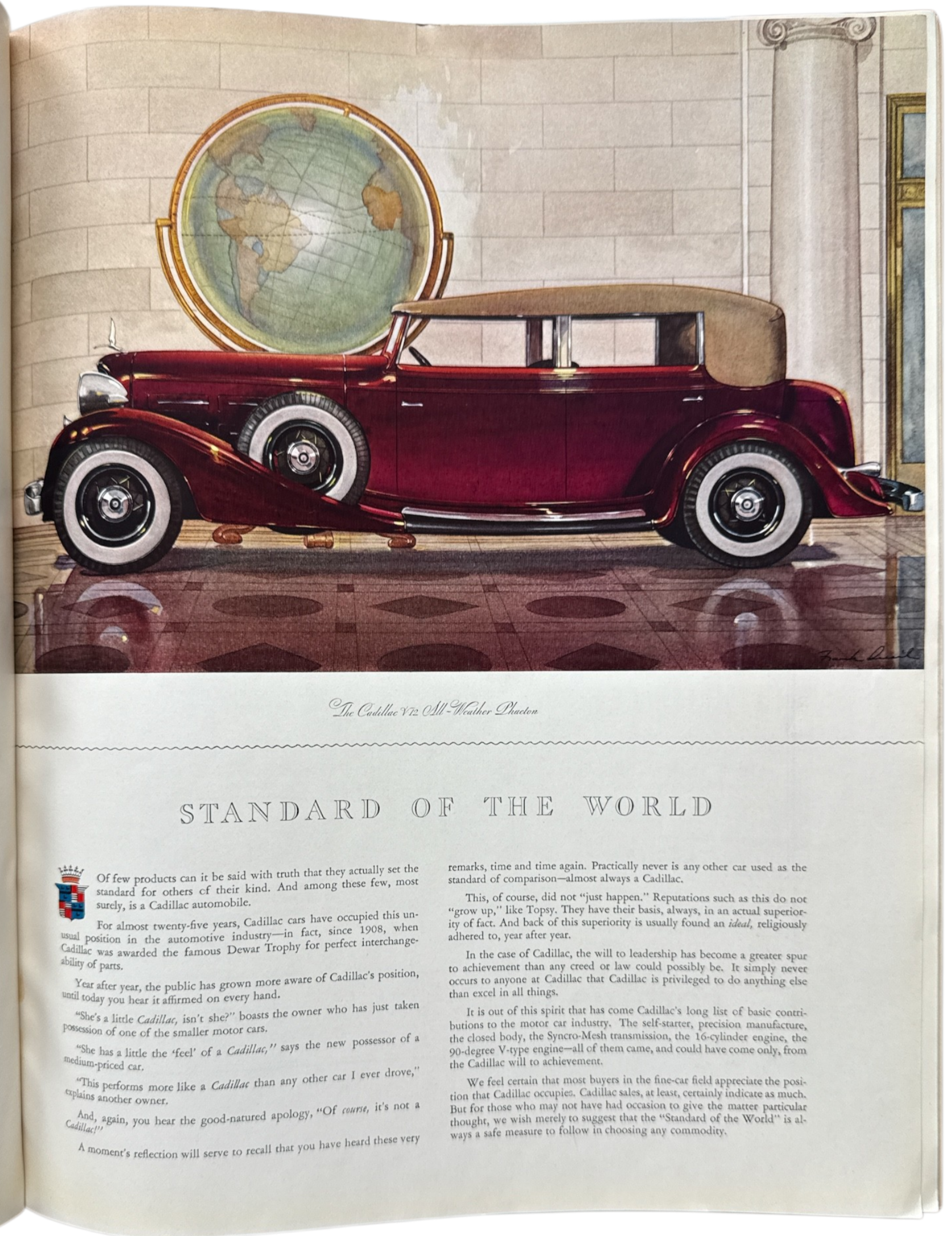 Vintage car and globe on a table with classical architecture in the background