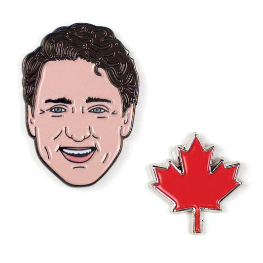 🍁 Justin Trudeau & Maple Leaf 2-Piece Enamel Pin Set From Unemployed Philosopher's Guild 🍁